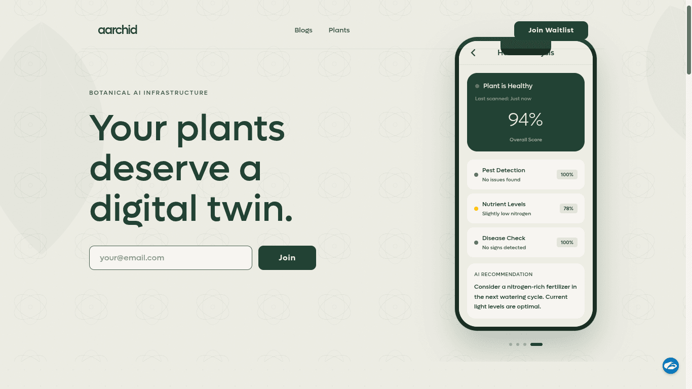 Aarchid landing page showing the AI plant diagnosis interface and digital twin positioning.