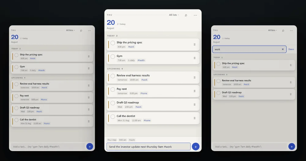 Three DeskTasks widget panels on a dark ground: the pinned task list, natural-language quick-add parsing a date, time and tag, and a filtered search.