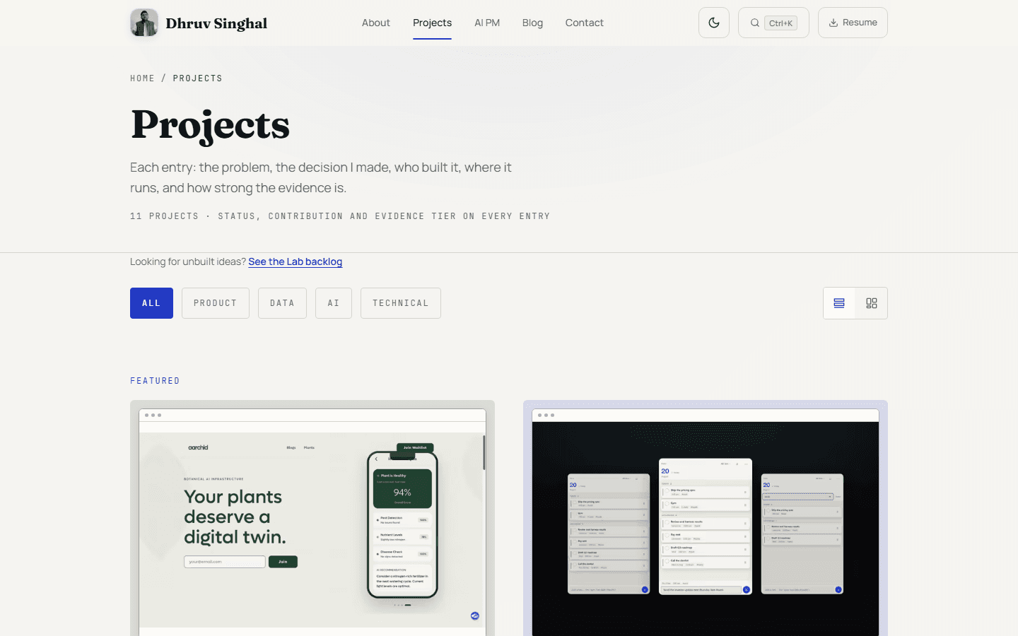 Portfolio projects page: breadcrumb, a one-line promise about each entry, category filters, a list and grid switch, and featured product cards that each show status, ownership and evidence tier.