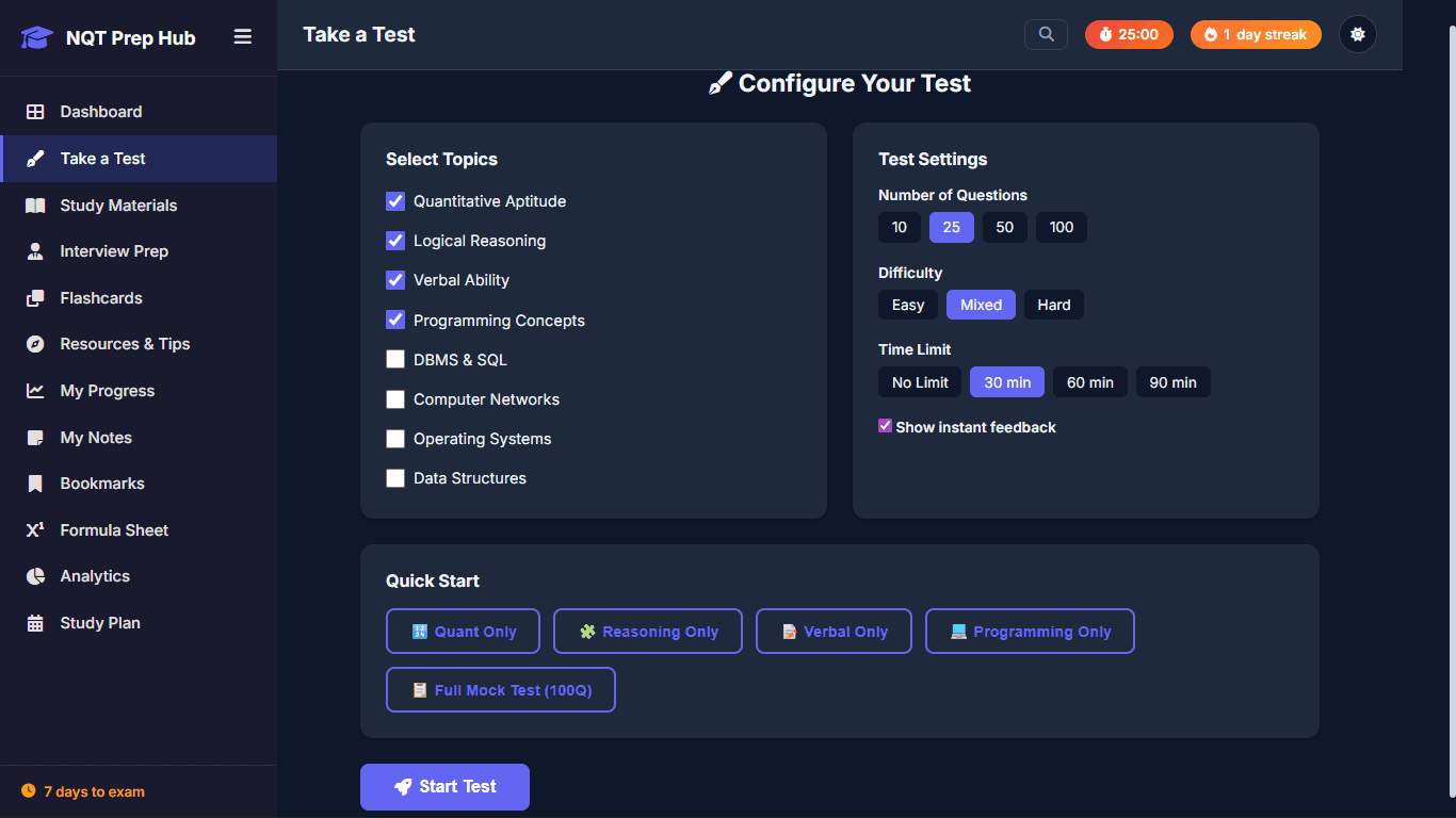 TCS NQT Prep Hub test builder with topic selection and timing controls.